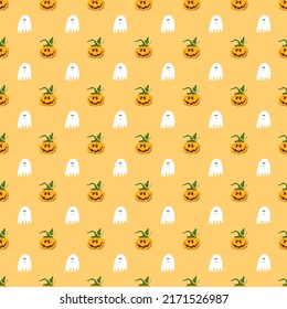 Halloween seamless pattern design. Cute cartoon pumpkin and ghost, holiday background, vector illustration.