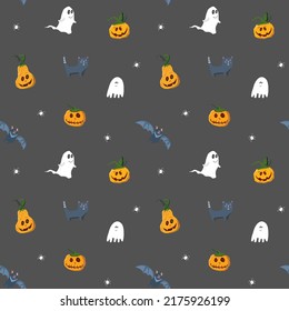 Halloween seamless pattern design. Cute cartoon elements, holiday background, vector illustration.