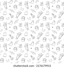 Halloween seamless pattern design. Cute cartoon elements, holiday background, vector illustration.
