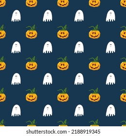 Halloween seamless pattern design. Cute cartoon pumpkin and ghost, holiday background, vector illustration.