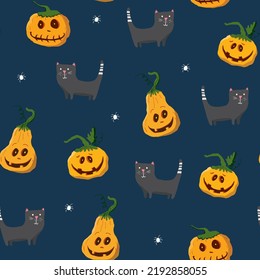 Diseño de patrones sin fisuras de Halloween. Elementos de dibujos animados, fondo de vacaciones, ilustración vectorial.
