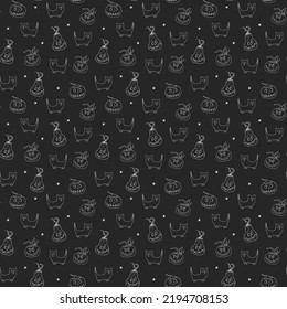 Halloween seamless pattern design. Cute cartoon elements, holiday background, vector illustration.