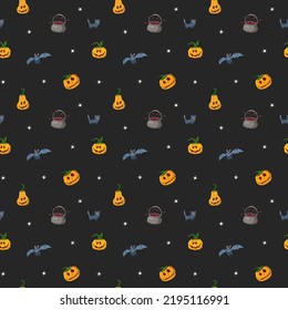 Halloween seamless pattern design. Cute cartoon elements, holiday background, vector illustration.