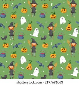 Halloween seamless pattern design. Cute cartoon elements, holiday background, vector illustration.