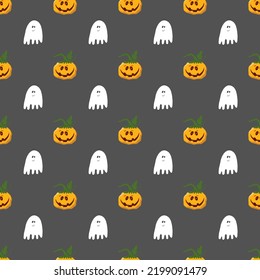 Halloween seamless pattern design. Cute cartoon pumpkin and ghost, holiday background, vector illustration.