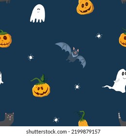 Halloween seamless pattern design. Cute cartoon elements, holiday background, vector illustration.