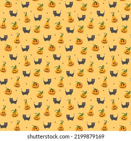 Halloween seamless pattern design. Cute cartoon elements, holiday background, vector illustration.