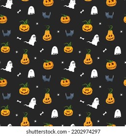 Halloween seamless pattern design. Cute cartoon elements, holiday background, vector illustration.