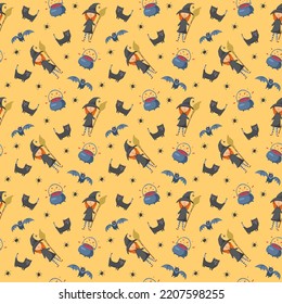 Halloween seamless pattern design. Cute cartoon elements, holiday background, vector illustration.
