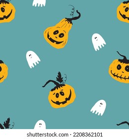 Diseño de patrones sin fisuras de Halloween. Calabaza de dibujos animados y fantasma, fondo de vacaciones, ilustración vectorial.