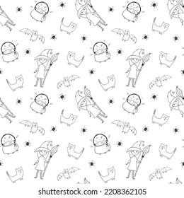 Halloween seamless pattern design. Cute cartoon elements, holiday background, vector illustration.