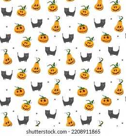 Halloween seamless pattern design. Cute cartoon elements, holiday background, vector illustration.