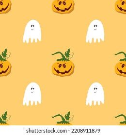 Halloween seamless pattern design. Cute cartoon pumpkin and ghost, holiday background, vector illustration.