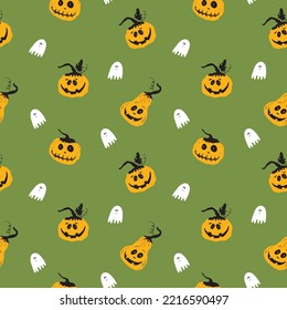 Halloween seamless pattern design. Cute cartoon pumpkin and ghost, holiday background, vector illustration.