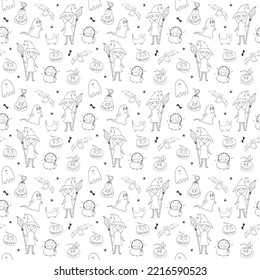 Halloween seamless pattern design. Cute cartoon elements, holiday background, vector illustration.