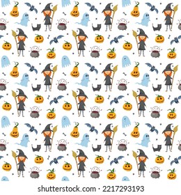 Halloween seamless pattern design. Cute cartoon elements, holiday background, vector illustration.