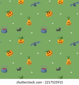 Halloween seamless pattern design. Cute cartoon elements, holiday background, vector illustration.