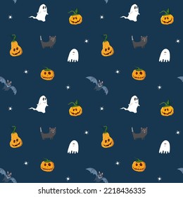Halloween seamless pattern design. Cute cartoon elements, holiday background, vector illustration.