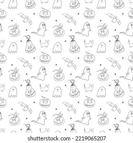 Halloween seamless pattern design. Cute cartoon elements, holiday background, vector illustration.