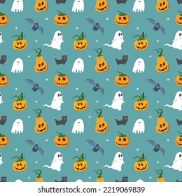 Halloween seamless pattern design. Cute cartoon elements, holiday background, vector illustration.