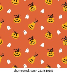 Halloween seamless pattern design. Cute cartoon pumpkin and ghost, holiday background, vector illustration.