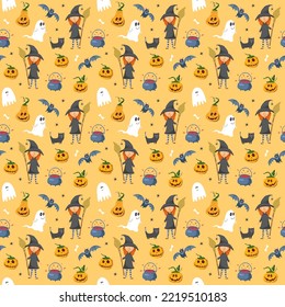 Halloween seamless pattern design. Cute cartoon elements, holiday background, vector illustration.