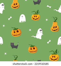 Halloween seamless pattern design. Cute cartoon elements, holiday background, vector illustration.