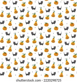 Halloween seamless pattern design. Cute cartoon elements, holiday background, vector illustration.