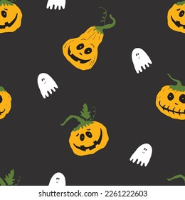 Halloween seamless pattern design. Cute cartoon pumpkin and ghost, holiday background, vector illustration.