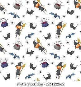 Halloween seamless pattern design. Cute cartoon elements, holiday background, vector illustration.