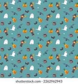 Halloween seamless pattern design. Cute cartoon elements, holiday background, vector illustration.