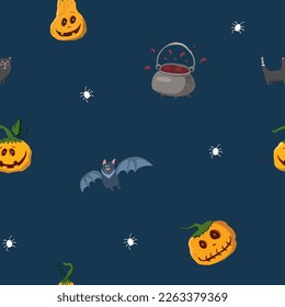 Halloween seamless pattern design. Cute cartoon elements, holiday background, vector illustration.