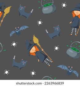Halloween seamless pattern design. Cute cartoon elements, holiday background, vector illustration.