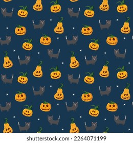 Halloween seamless pattern design. Cute cartoon elements, holiday background, vector illustration.