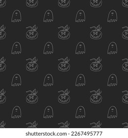 Halloween nahtloses Musterdesign. Cute Cartoon Kürbis und Geist, Urlaubshintergrund, Vektorgrafik.