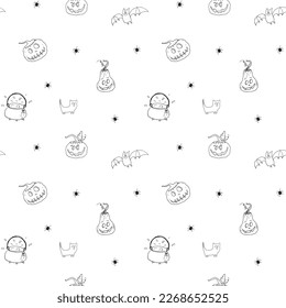 Halloween seamless pattern design. Cute cartoon elements, holiday background, vector illustration.