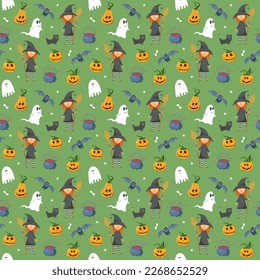 Halloween seamless pattern design. Cute cartoon elements, holiday background, vector illustration.