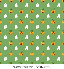 Halloween seamless pattern design. Cute cartoon pumpkin and ghost, holiday background, vector illustration.