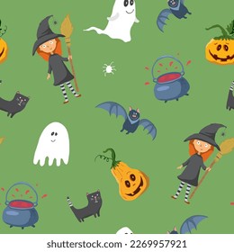 Halloween seamless pattern design. Cute cartoon elements, holiday background, vector illustration.