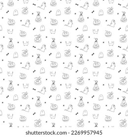 Halloween seamless pattern design. Cute cartoon elements, holiday background, vector illustration.