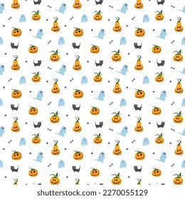 Halloween seamless pattern design. Cute cartoon elements, holiday background, vector illustration.