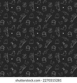 Halloween seamless pattern design. Cute cartoon elements, holiday background, vector illustration.