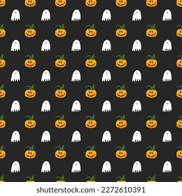 Halloween seamless pattern design. Cute cartoon pumpkin and ghost, holiday background, vector illustration.