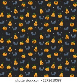 Halloween seamless pattern design. Cute cartoon elements, holiday background, vector illustration.