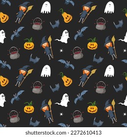Halloween seamless pattern design. Cute cartoon elements, holiday background, vector illustration.