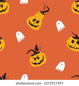 Halloween seamless pattern design. Cute cartoon pumpkin and ghost, holiday background, vector illustration.