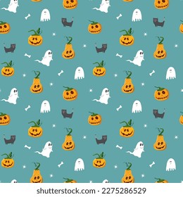 Halloween seamless pattern design. Cute cartoon elements, holiday background, vector illustration.