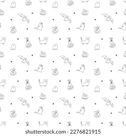 Halloween seamless pattern design. Cute cartoon elements, holiday background, vector illustration.
