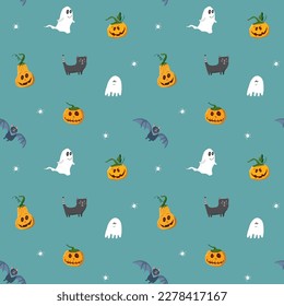 Halloween seamless pattern design. Cute cartoon elements, holiday background, vector illustration.