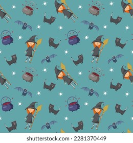 Halloween seamless pattern design. Cute cartoon elements, holiday background, vector illustration.